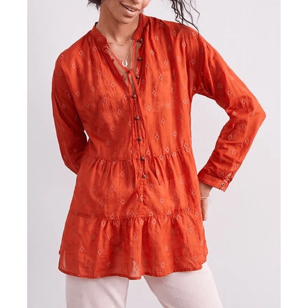 Pilcro Orange Tiered Tunic Top Diamond Embroidered Pattern Button Front S Boho